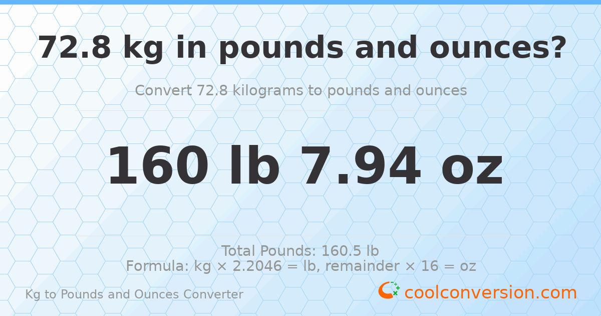 72.8 kg to lbs and oz — 72.8 kg = 160 lb 7.94 oz