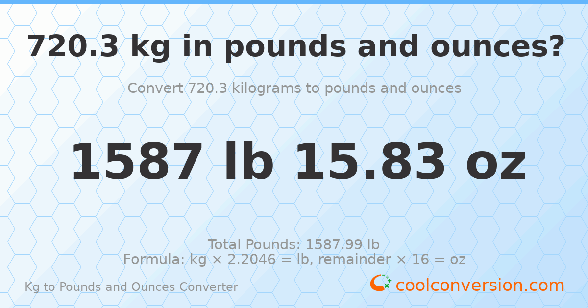 720.3 kg to lbs and oz — 720.3 kg = 1587 lb 15.83 oz