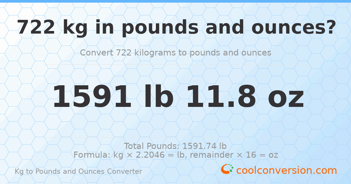722 kg to lbs and oz — 722 kg = 1591 lb 11.8 oz