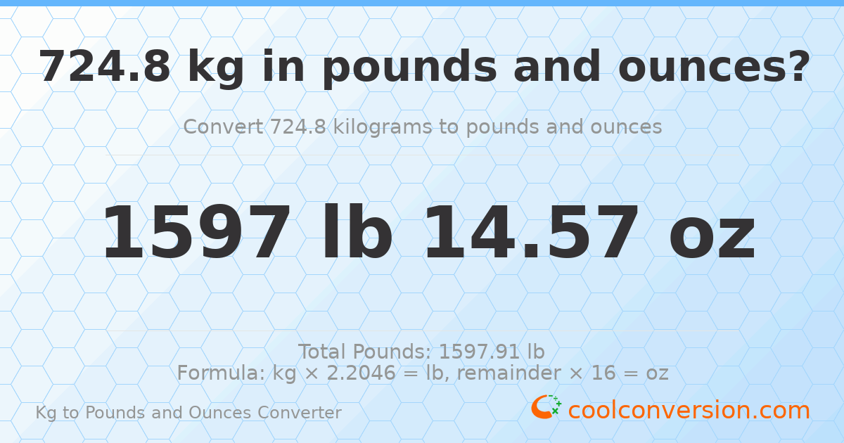 724.8 kg to lbs and oz — 724.8 kg = 1597 lb 14.57 oz
