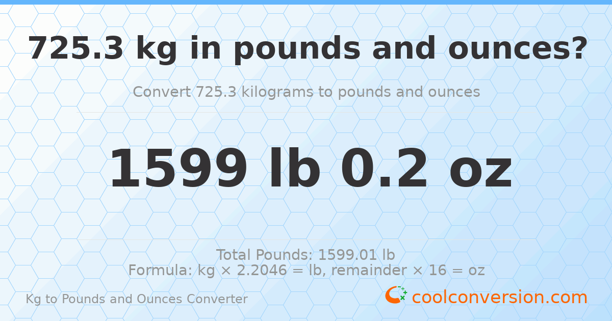 725.3 kg to lbs and oz — 725.3 kg = 1599 lb 0.2 oz