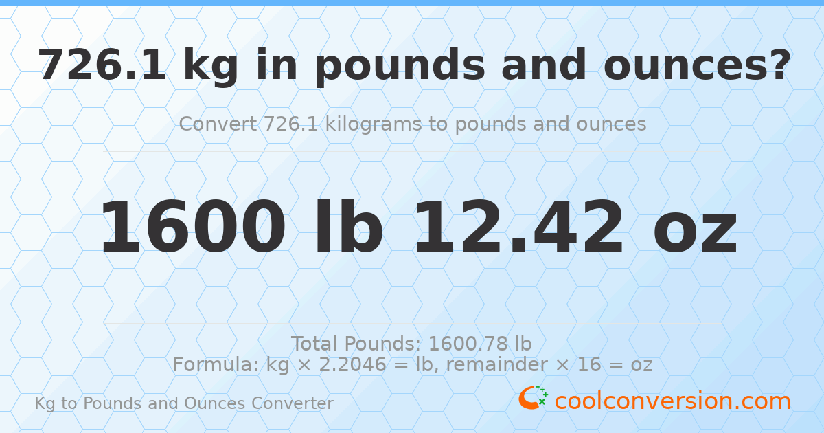 726.1 kg to lbs and oz — 726.1 kg = 1600 lb 12.42 oz