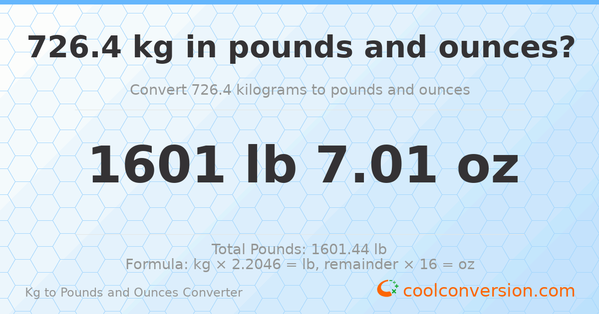 726.4 kg to lbs and oz — 726.4 kg = 1601 lb 7.01 oz