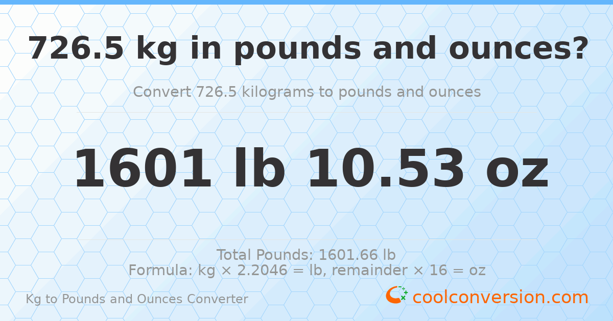 726.5 kg to lbs and oz — 726.5 kg = 1601 lb 10.53 oz