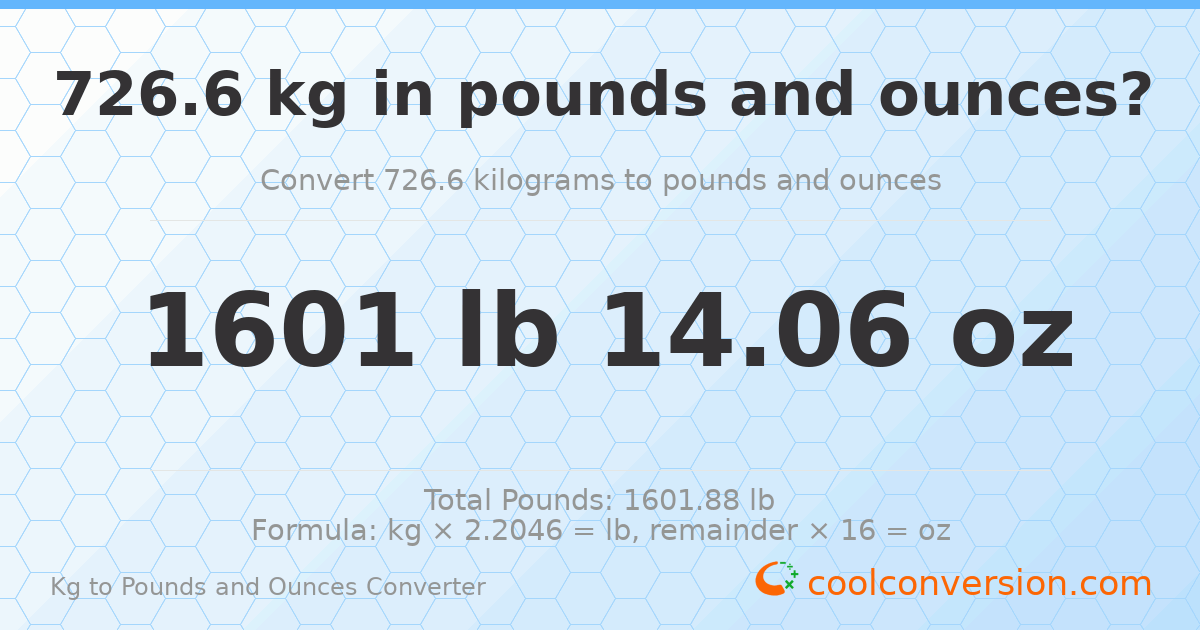726.6 kg to lbs and oz — 726.6 kg = 1601 lb 14.06 oz