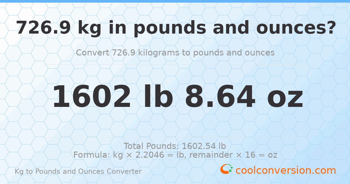 726.9 kg to lbs and oz — 726.9 kg = 1602 lb 8.64 oz
