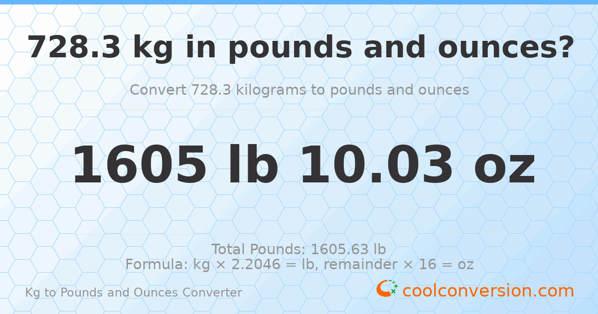 728.3 kg to lbs and oz — 728.3 kg = 1605 lb 10.03 oz