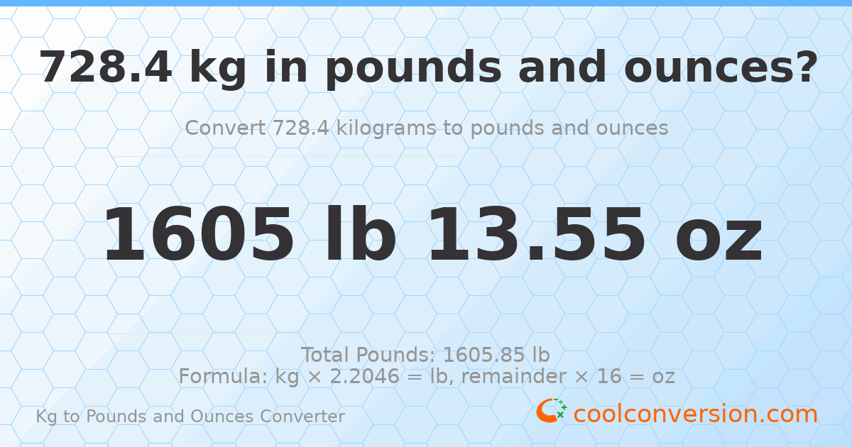 728.4 kg to lbs and oz — 728.4 kg = 1605 lb 13.55 oz