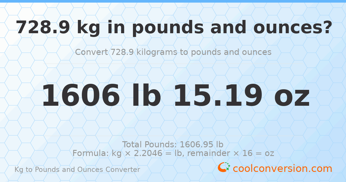 728.9 kg to lbs and oz — 728.9 kg = 1606 lb 15.19 oz