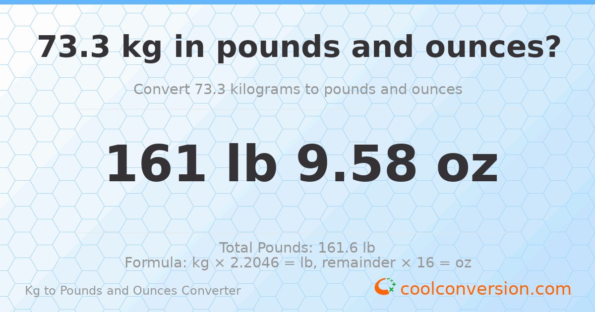 73.3 kg to lbs and oz — 73.3 kg = 161 lb 9.58 oz