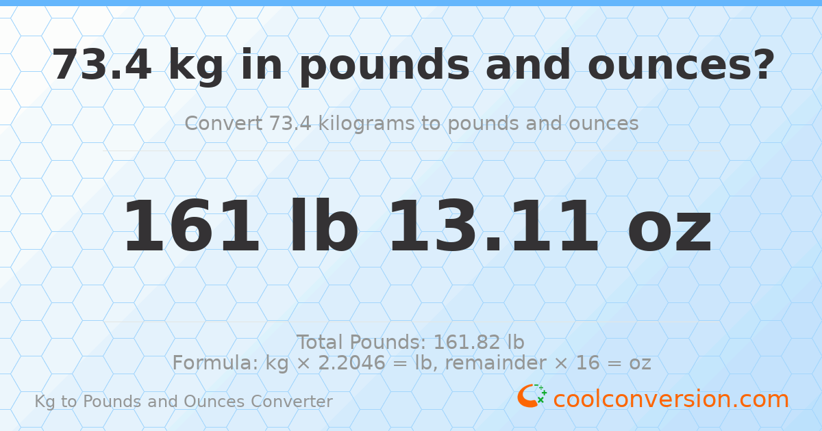 73.4 kg to lbs and oz — 73.4 kg = 161 lb 13.11 oz