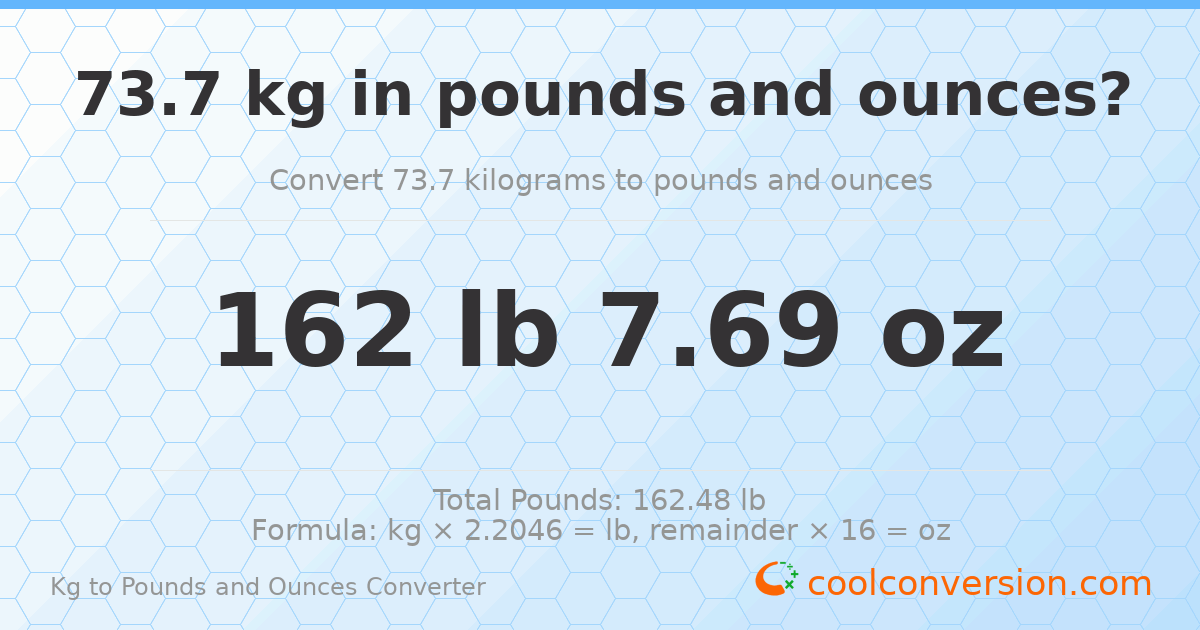 73.7 kg to lbs and oz — 73.7 kg = 162 lb 7.69 oz