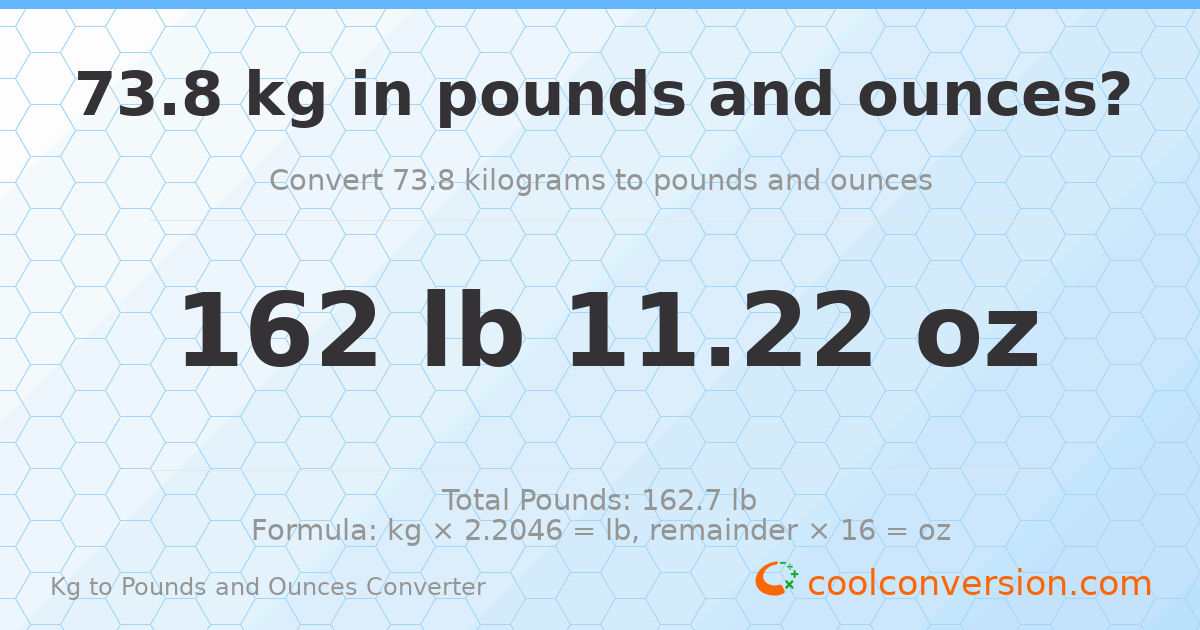 73.8 kg to lbs and oz — 73.8 kg = 162 lb 11.22 oz
