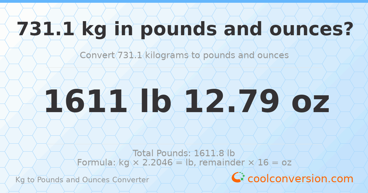731.1 kg to lbs and oz — 731.1 kg = 1611 lb 12.79 oz