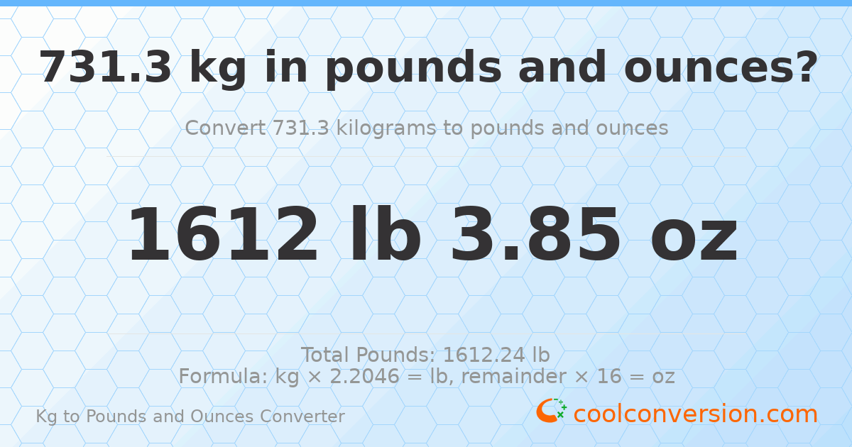 731.3 kg to lbs and oz — 731.3 kg = 1612 lb 3.85 oz