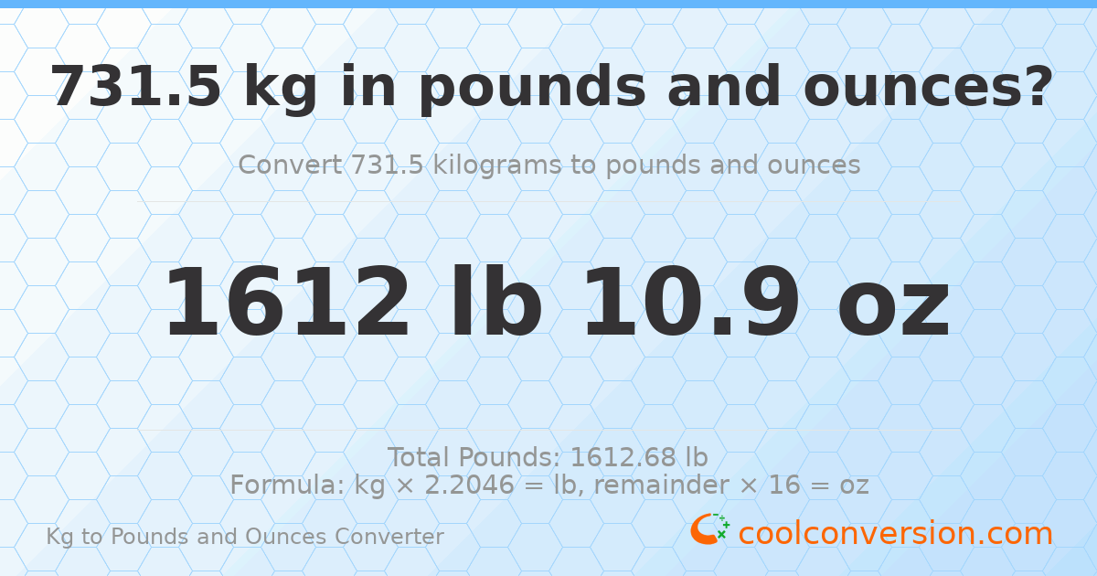 731.5 kg to lbs and oz — 731.5 kg = 1612 lb 10.9 oz
