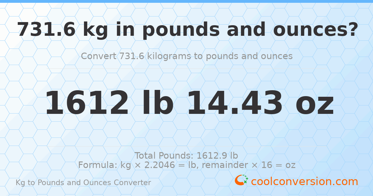 731.6 kg to lbs and oz — 731.6 kg = 1612 lb 14.43 oz