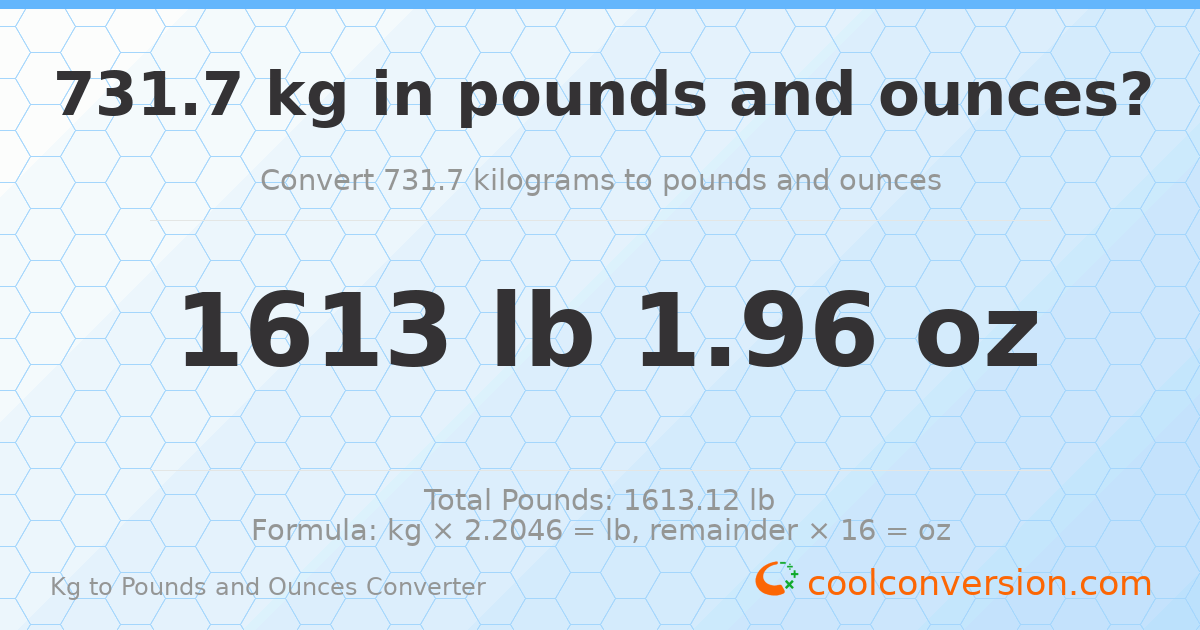 731.7 kg to lbs and oz — 731.7 kg = 1613 lb 1.96 oz