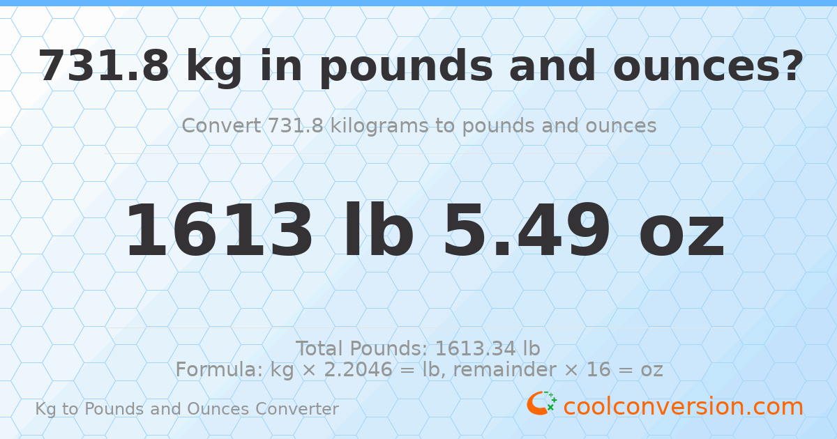 731.8 kg to lbs and oz — 731.8 kg = 1613 lb 5.49 oz