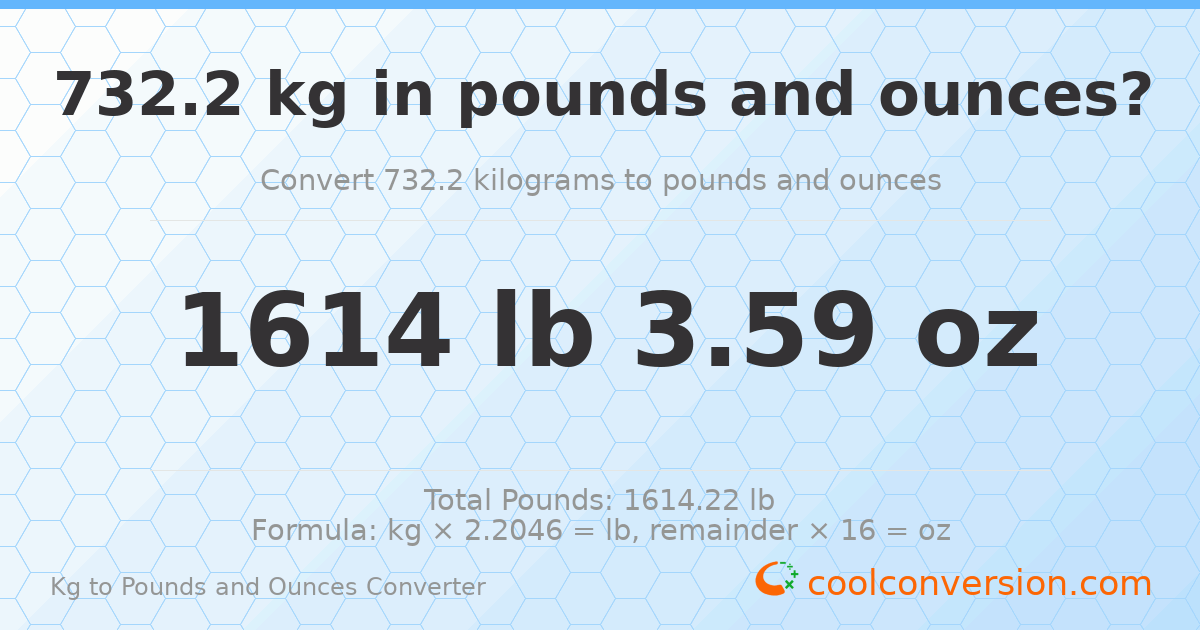 732.2 kg to lbs and oz — 732.2 kg = 1614 lb 3.59 oz