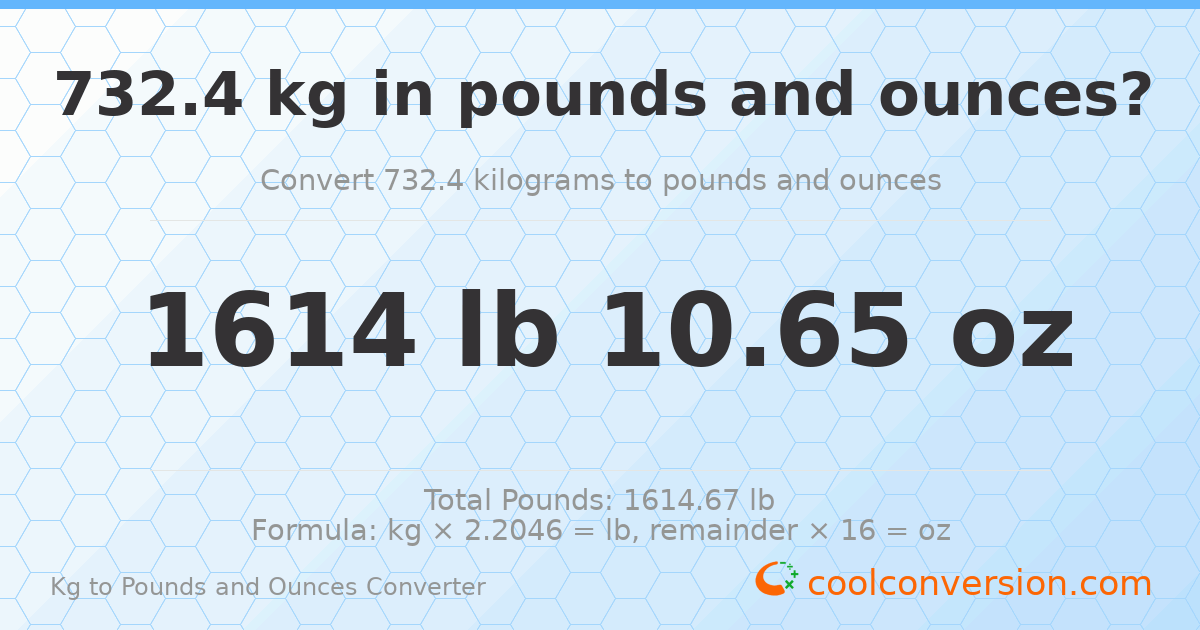 732.4 kg to lbs and oz — 732.4 kg = 1614 lb 10.65 oz