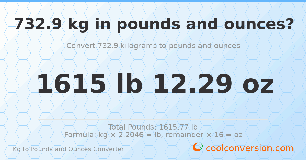 732.9 kg to lbs and oz — 732.9 kg = 1615 lb 12.29 oz