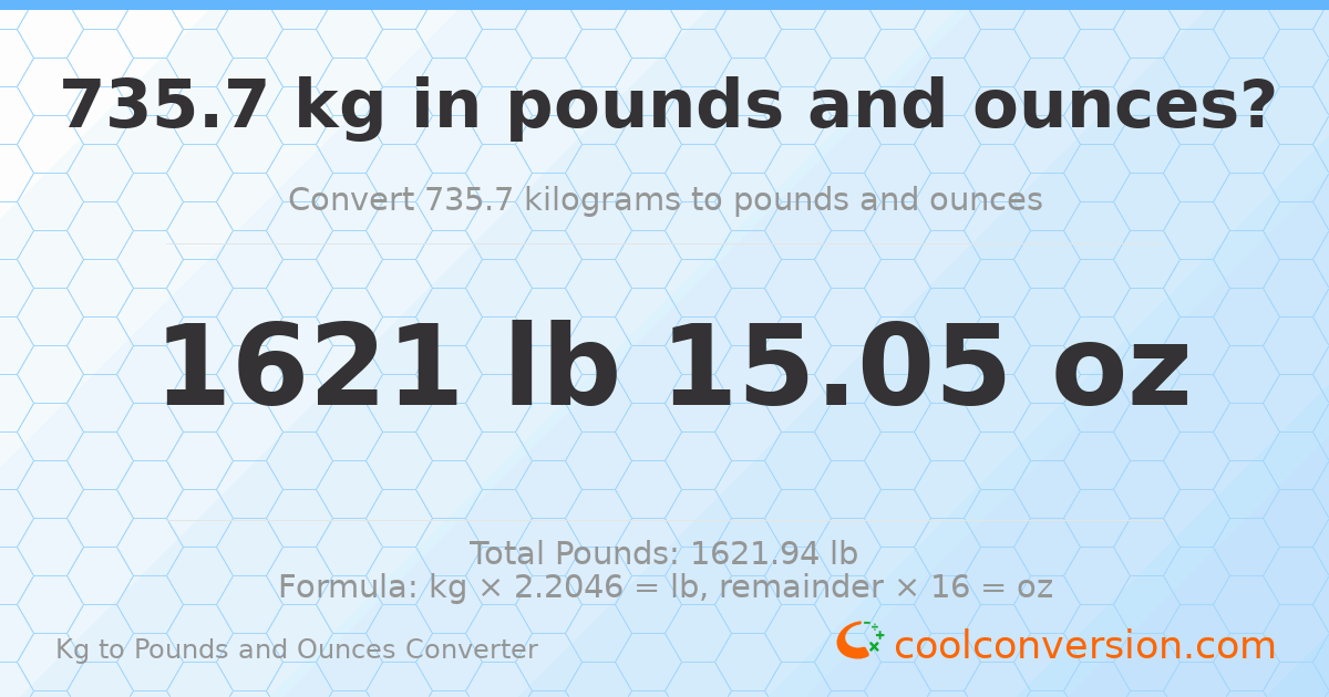 735.7 kg to lbs and oz — 735.7 kg = 1621 lb 15.05 oz