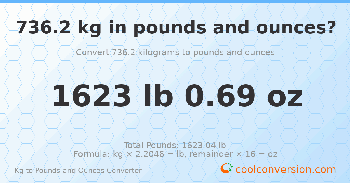 736.2 kg to lbs and oz — 736.2 kg = 1623 lb 0.69 oz
