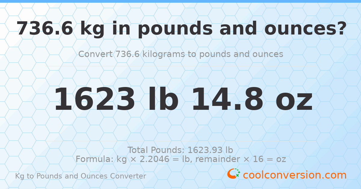 736.6 kg to lbs and oz — 736.6 kg = 1623 lb 14.8 oz