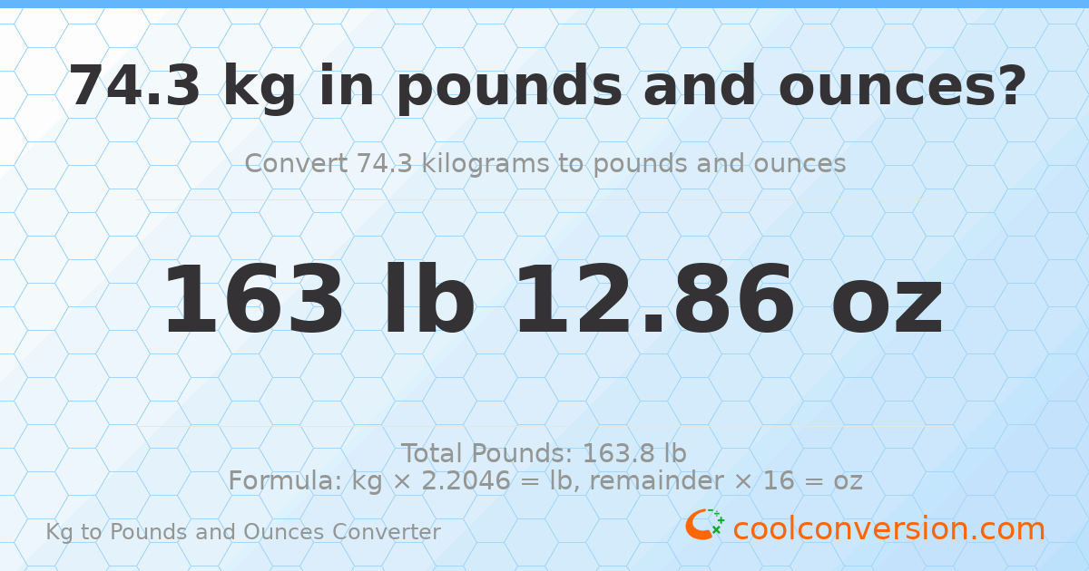 74.3 kg to lbs and oz — 74.3 kg = 163 lb 12.86 oz