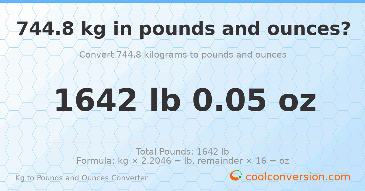 744.8 kg to lbs and oz — 744.8 kg = 1642 lb 0.05 oz