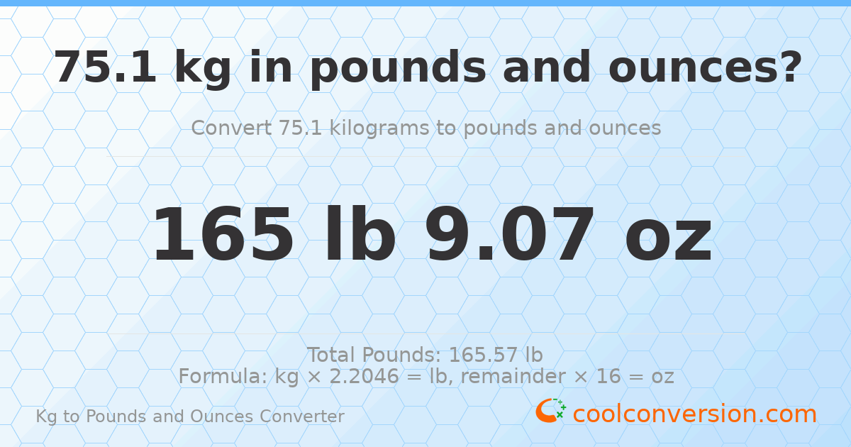 75.1 kg to lbs and oz — 75.1 kg = 165 lb 9.07 oz