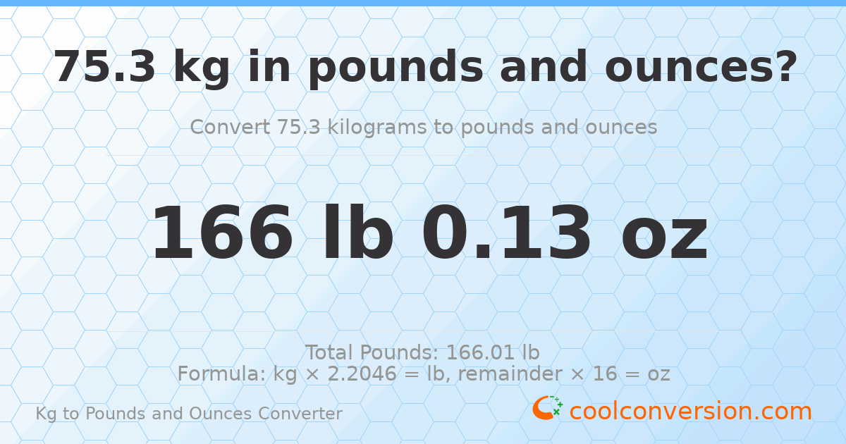 75.3 kg to lbs and oz — 75.3 kg = 166 lb 0.13 oz