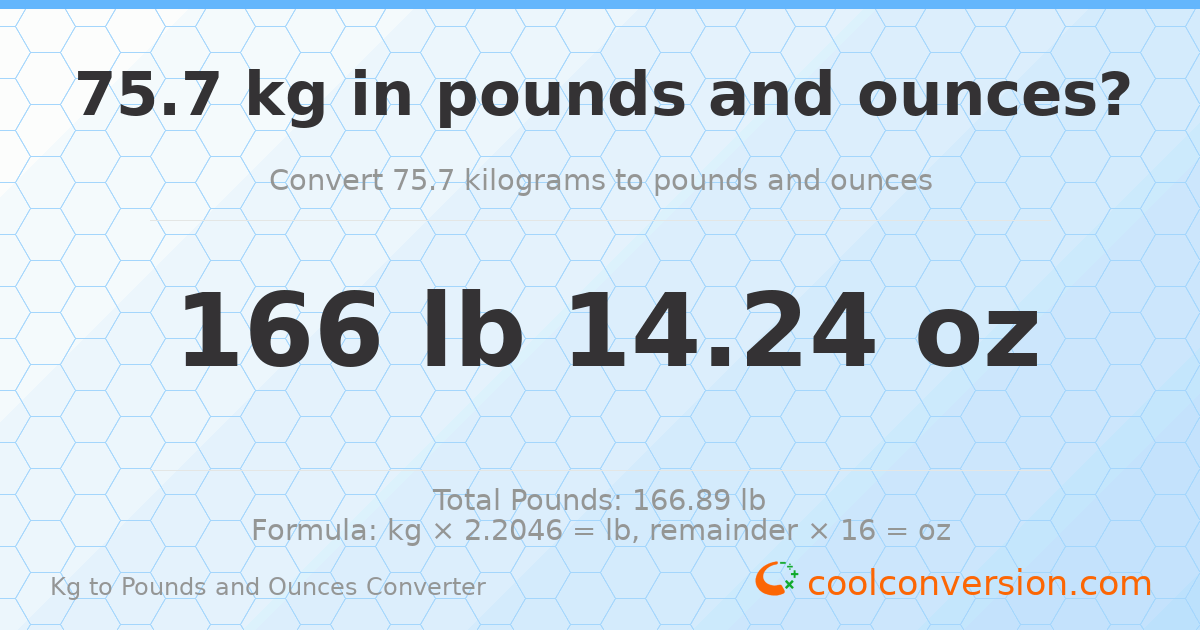 75.7 kg to lbs and oz — 75.7 kg = 166 lb 14.24 oz