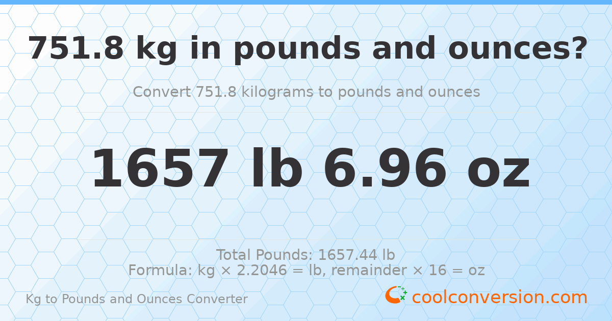 751.8 kg to lbs and oz — 751.8 kg = 1657 lb 6.96 oz