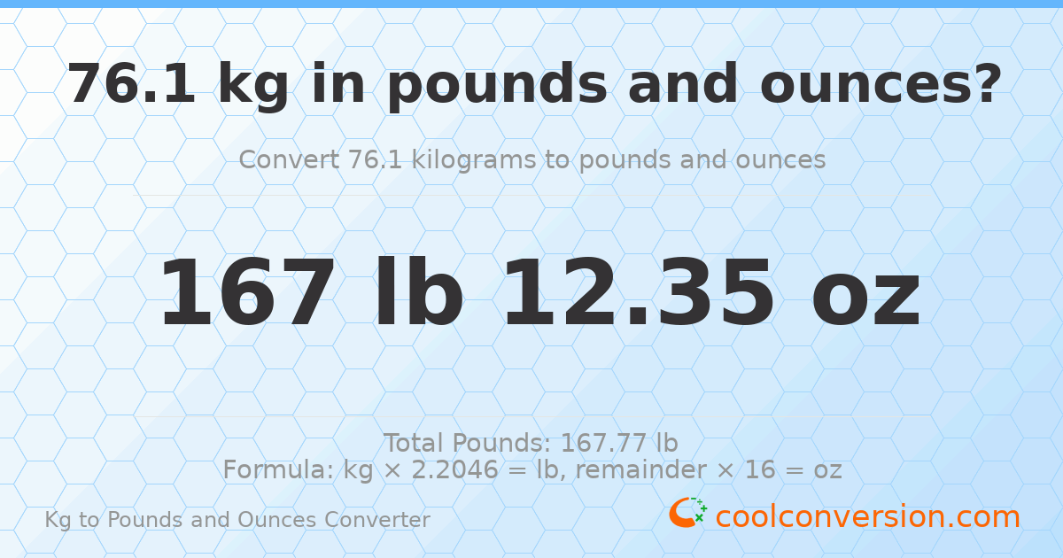 76.1 kg to lbs and oz — 76.1 kg = 167 lb 12.35 oz