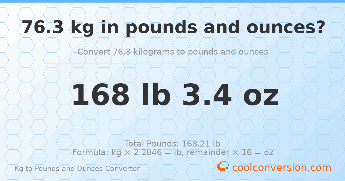 76.3 kg to lbs and oz — 76.3 kg = 168 lb 3.4 oz