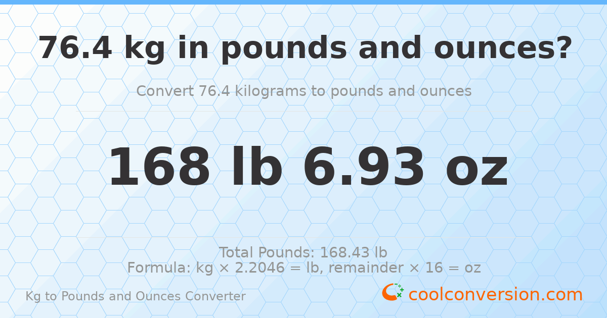 76.4 kg to lbs and oz — 76.4 kg = 168 lb 6.93 oz