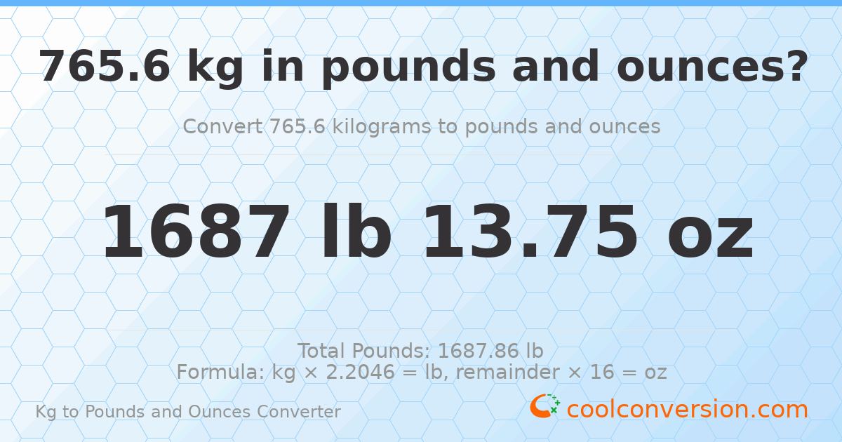 765.6 kg to lbs and oz — 765.6 kg = 1687 lb 13.75 oz