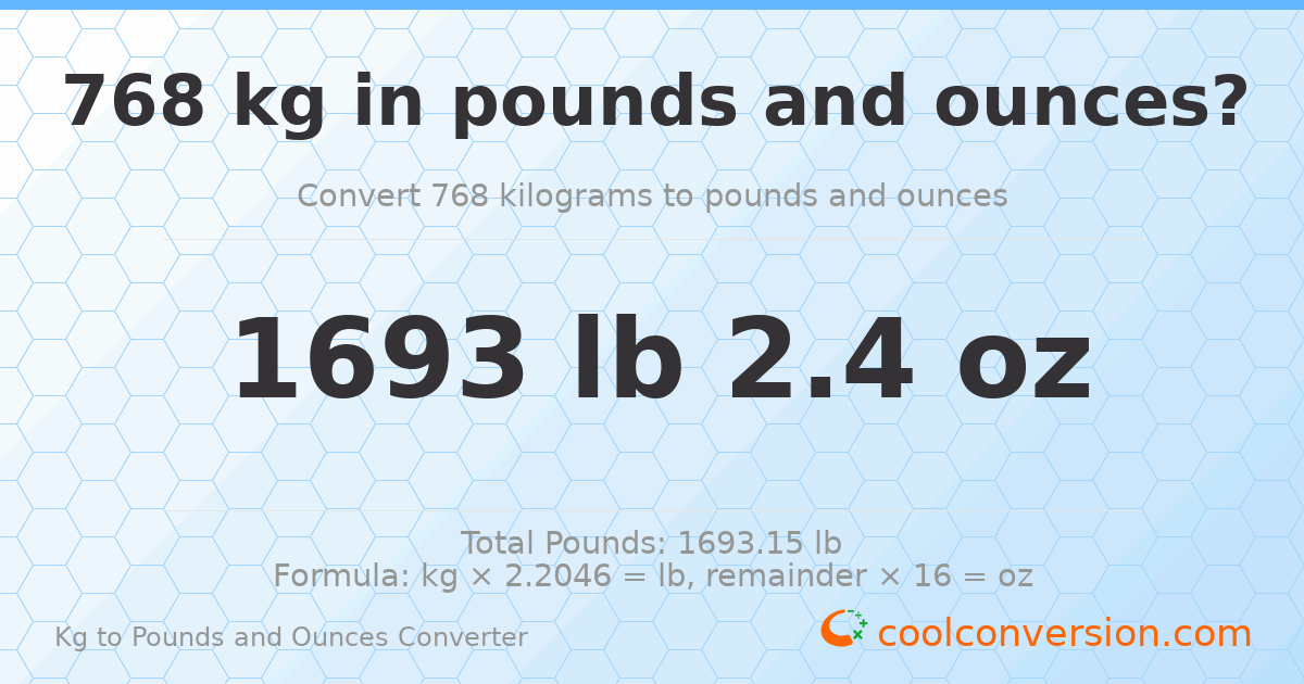 768 kg to lbs and oz — 768 kg = 1693 lb 2.4 oz