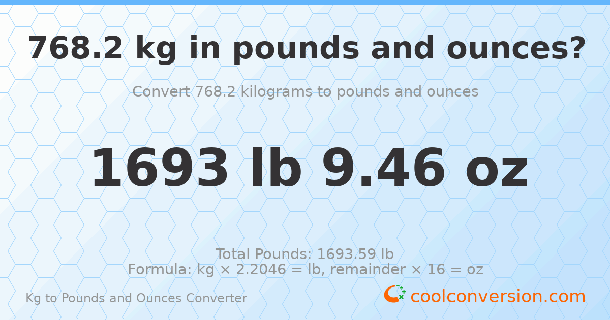 768.2 kg to lbs and oz — 768.2 kg = 1693 lb 9.46 oz