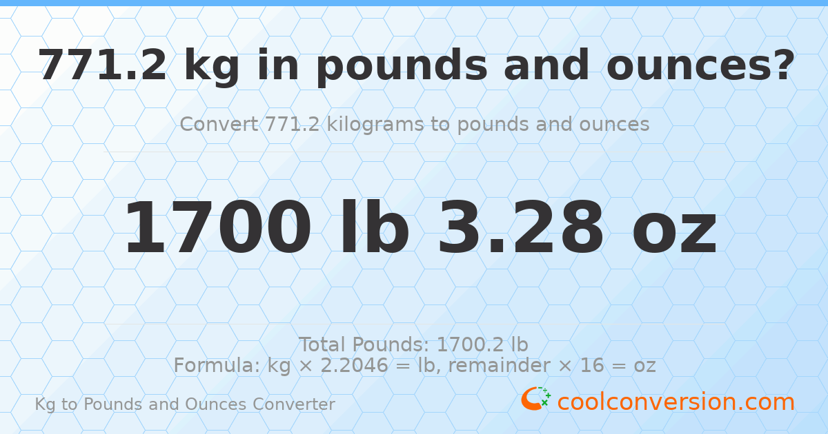 771.2 kg to lbs and oz — 771.2 kg = 1700 lb 3.28 oz