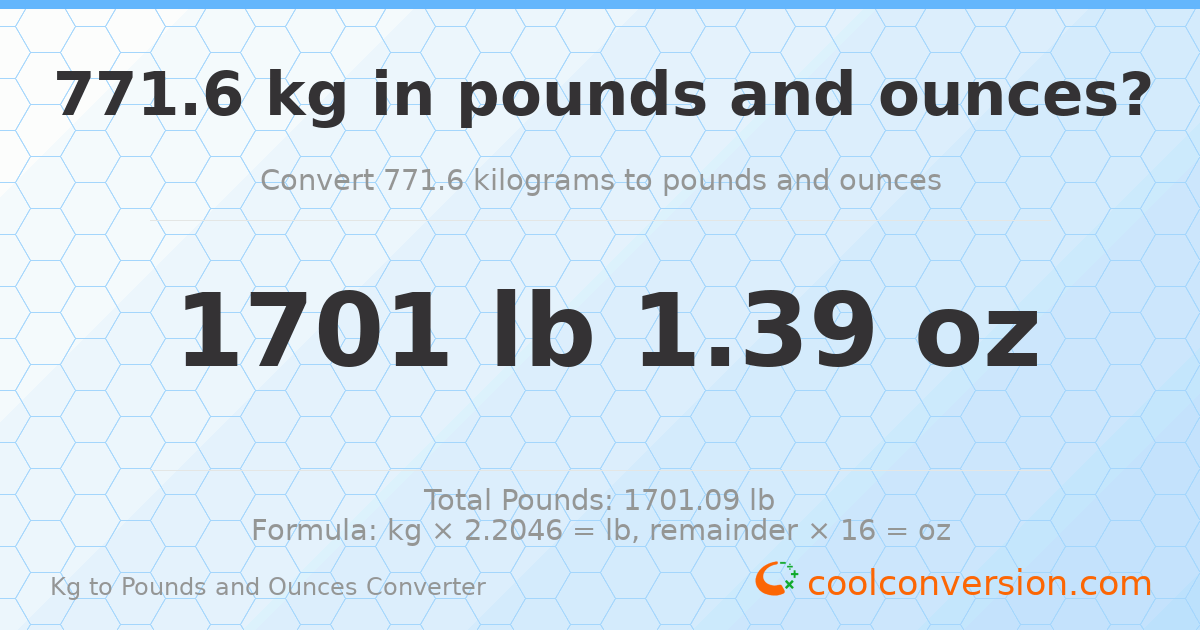 771.6 kg to lbs and oz — 771.6 kg = 1701 lb 1.39 oz