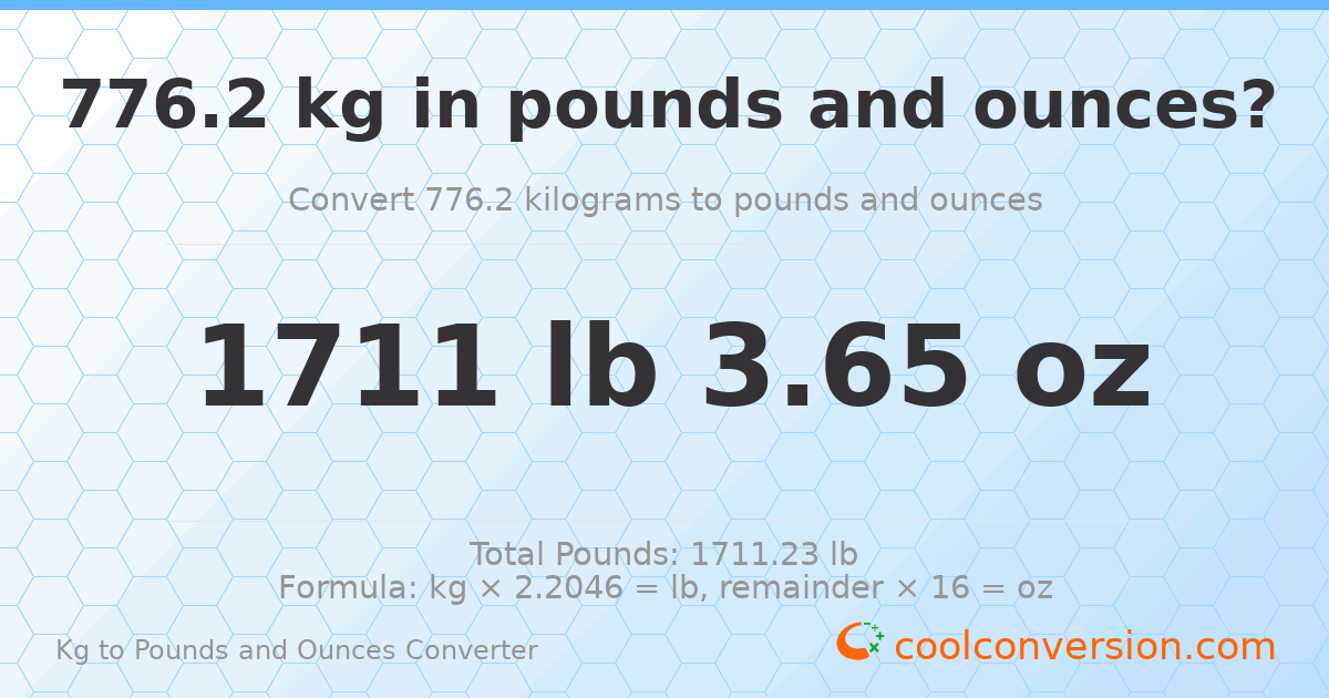 776.2 kg to lbs and oz — 776.2 kg = 1711 lb 3.65 oz