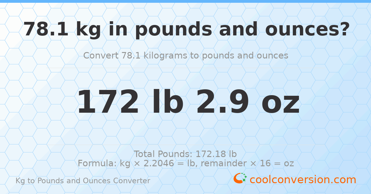 78.1 kg to lbs and oz — 78.1 kg = 172 lb 2.9 oz