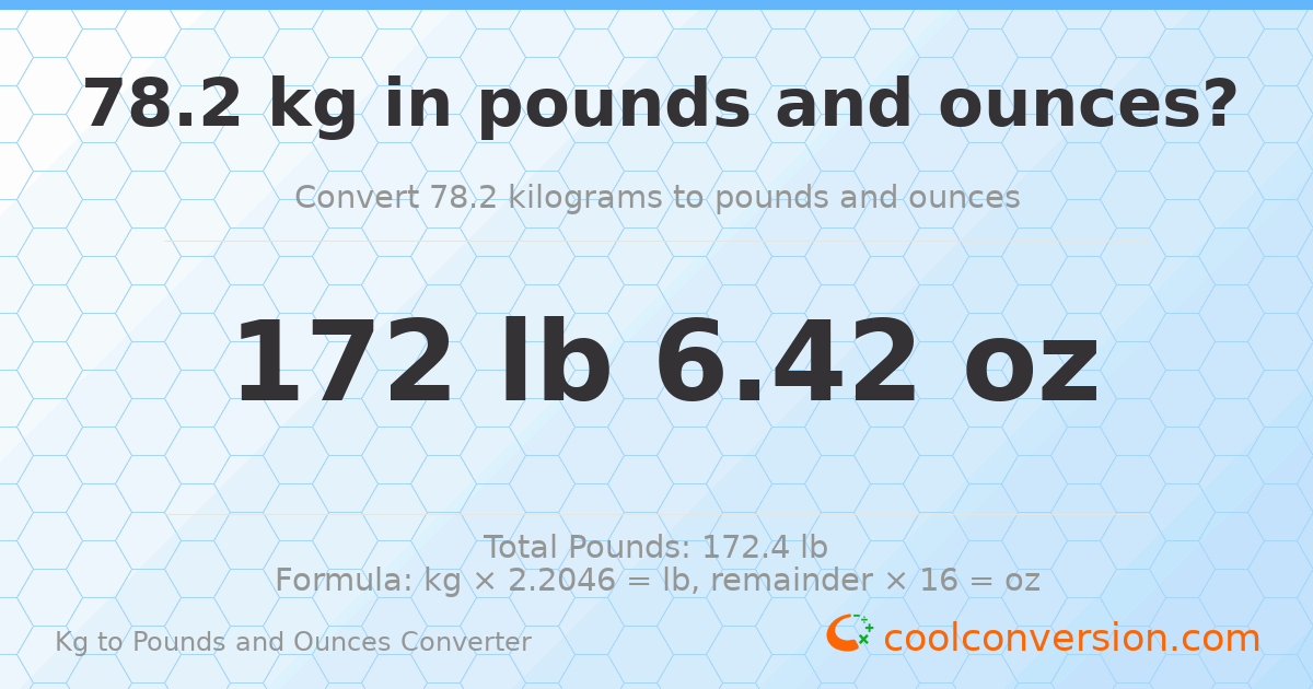 78.2 kg to lbs and oz — 78.2 kg = 172 lb 6.42 oz