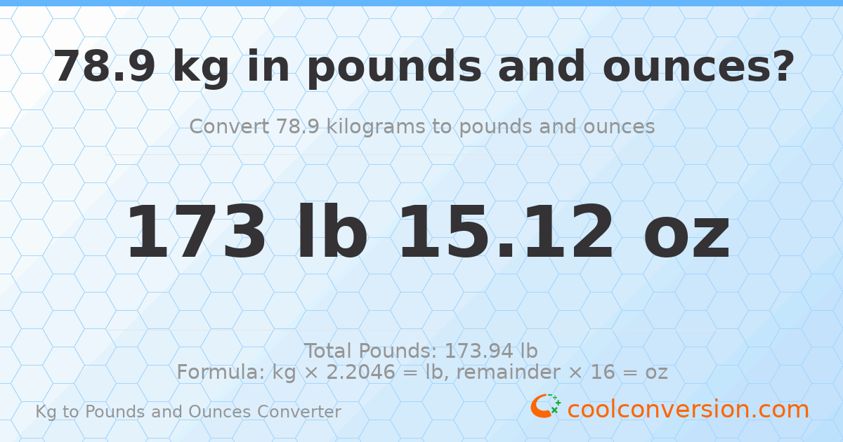 78.9 kg to lbs and oz — 78.9 kg = 173 lb 15.12 oz