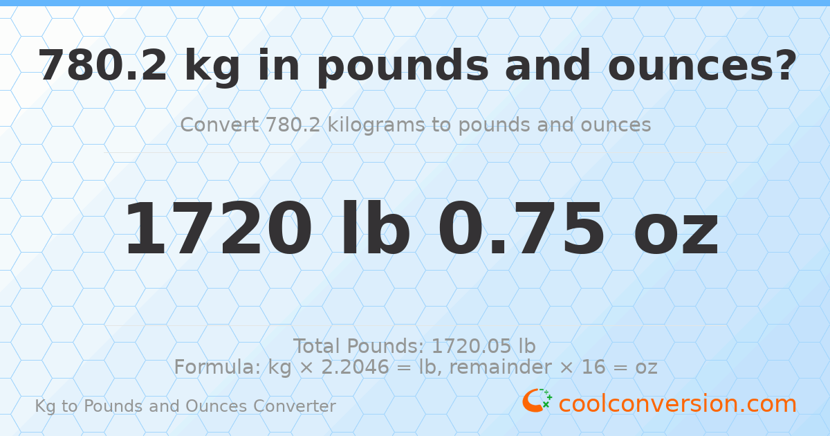 780.2 kg to lbs and oz — 780.2 kg = 1720 lb 0.75 oz