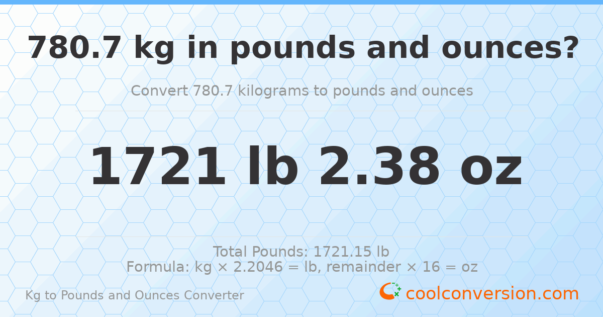 780.7 kg to lbs and oz — 780.7 kg = 1721 lb 2.38 oz