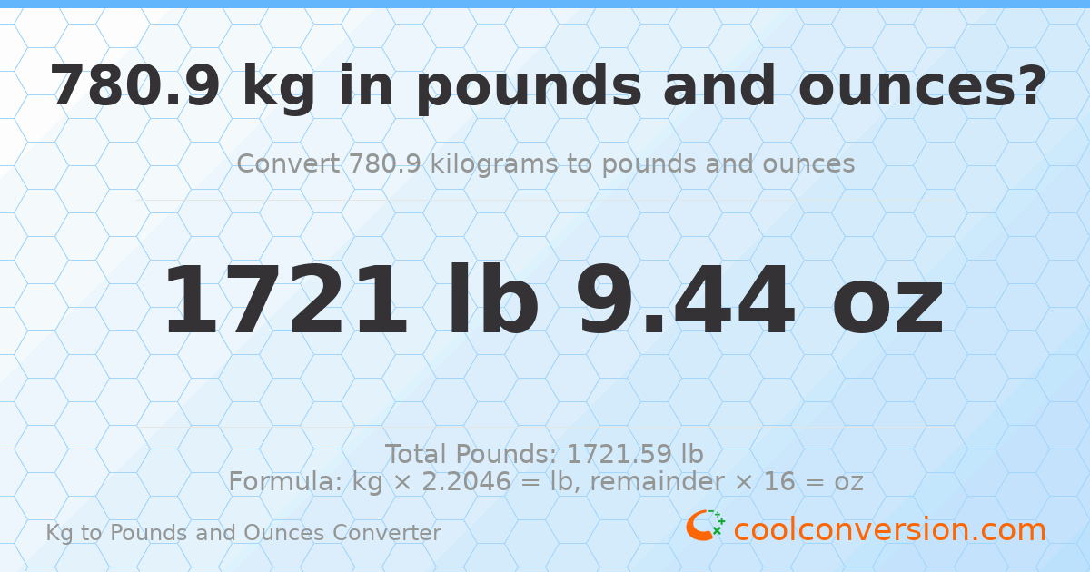 780.9 kg to lbs and oz — 780.9 kg = 1721 lb 9.44 oz